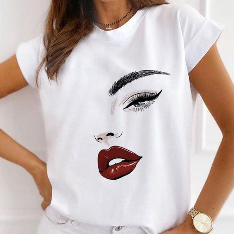 Summer Floral Girl Printed Base Shirt Cute Cartoon Round Neck Plus Size Pure Cotton Short Sleeved Top T-Shirts Women’s