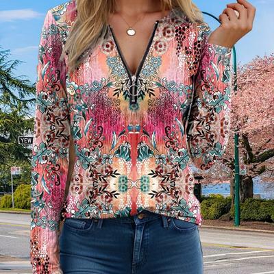 Женские осенние розовые ретро-футболки с длинным рукавом и цветочным принтом, свободные футболки больших размеров с V-образным вырезом, удобные блузки