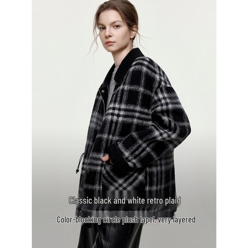 ELLE Retro Plaid Wool Blend Double-Faced Short Coat