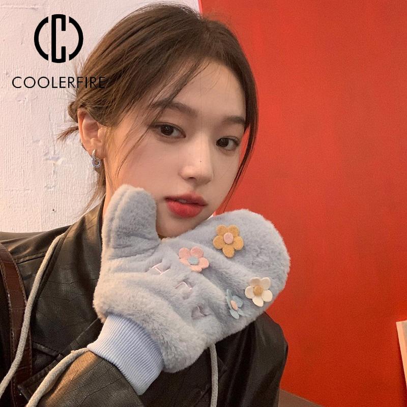 Осенне-зимние женские перчатки, модные милые плюшевые перчатки с героями мультфильмов, утепленные перчатки на все пальцы, морозостойкие, теплые, велосипедные, одноцветные, ST2201