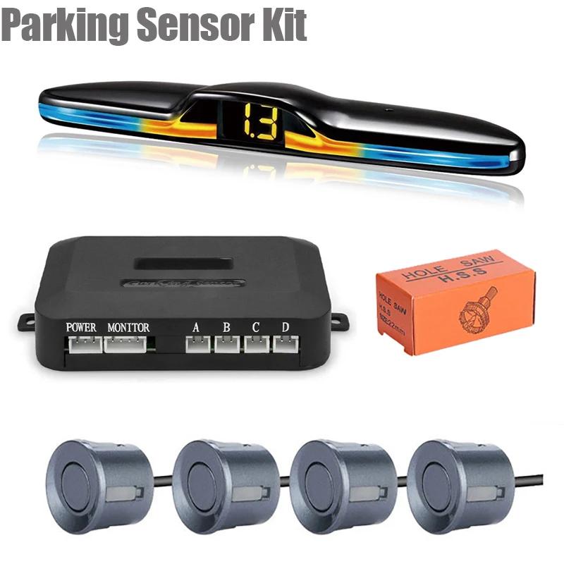 EURS New LED Parking Sensor System Backlight Parktronic Monitor Display Kit Backup Detector Assistant 4 Probes