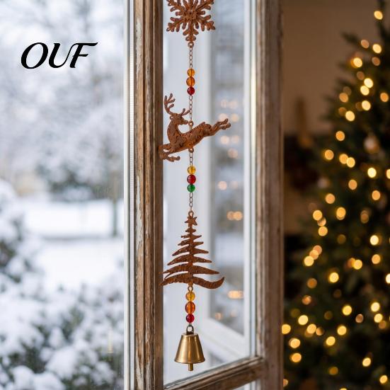 Farmhouse Style Christmas Accents Rustic Metal Elk Wind Chime, Xmas Hanging Ornament with Reindeer Country Decor Snowflake Tree Patterns, Vintage