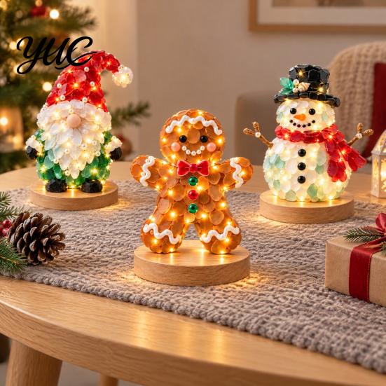 Led Lighted Christmas Decor Sea Glass DIY Craft Kit, LED Xmas Tabletop Ornament Making Homemade Holiday Decorations Set, Santa Snowman Gingerbread Man