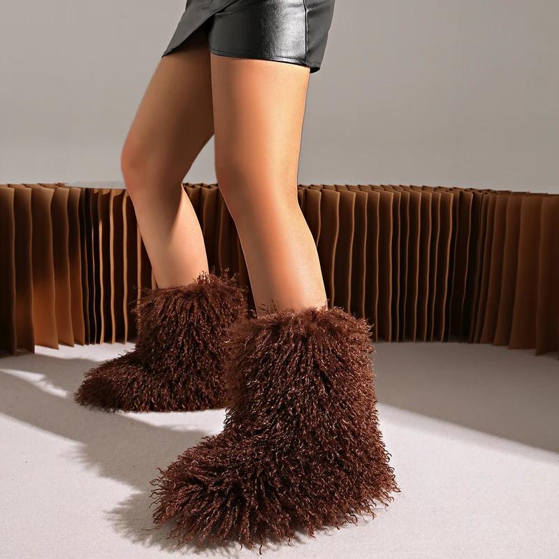2025 New Winter Furry Shoes Women Teddy Fur Snow Boots Fluffy Faux Wool Plush Warm Fashion Short Boots Ladies Mongolian Boots