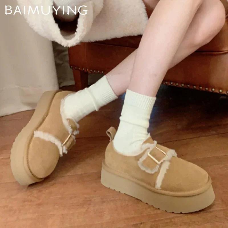Женские зимние ботильоны на платформе, замшевые, меховые, на плоской подошве, повседневная обувь, короткие, плюшевые, зимние, хлопковые, тренд 2025 года, теплые, удобные, женские ботинки