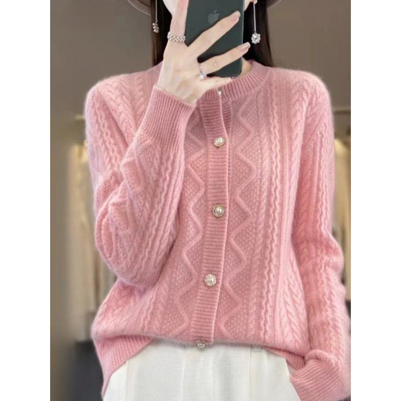 Весенний круглый вырез жакет с закруткой длинный рукав воротник стойка однотонный вязаный кардиган