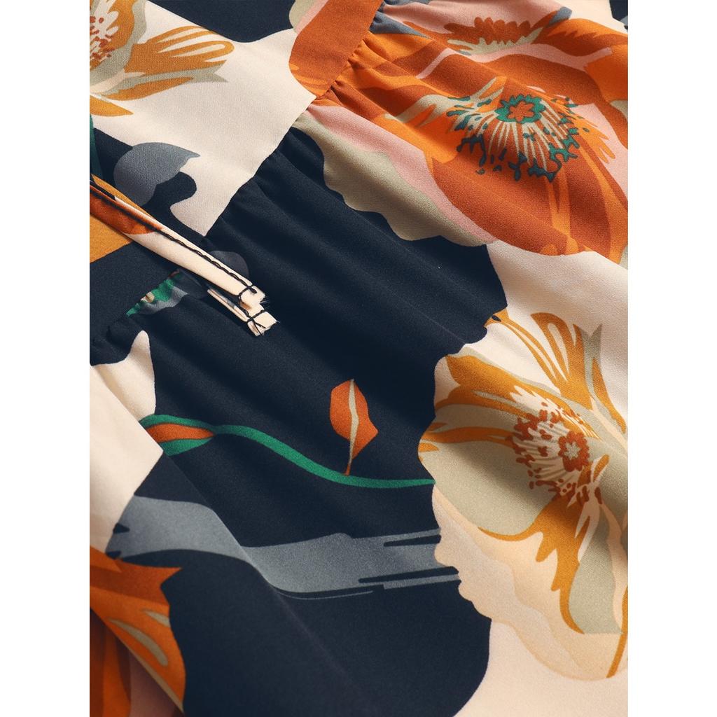 A-line Skirt, Pleated Skirt, Floral Print, Elastic Waist, Midi Skirt