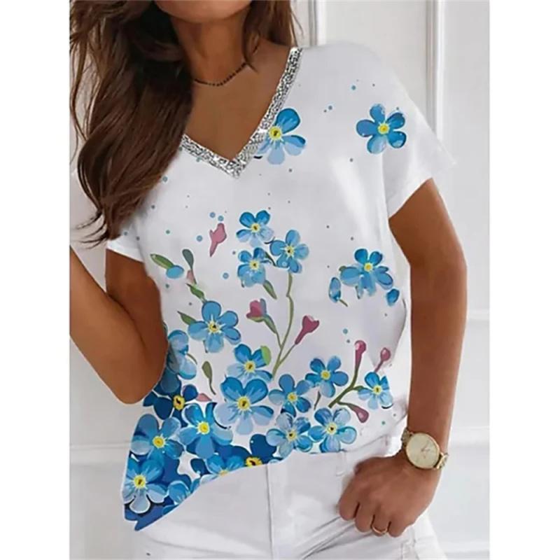 Летние женские футболки с цветочным принтом, топы с короткими рукавами, повседневные кофты, модные женские футболки, одежда больших размеров Y2k