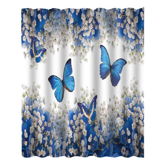 Floral Shower Curtain Spring Farmhouse Bathroom Curtain Waterproof Flowers Butterflies Leaves Bath Curtain with Hooks for Home Shower Bathtub