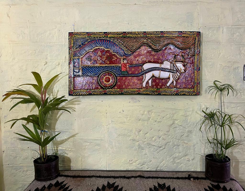 Vintage Hand-Painted Wooden Bullock Cart Panel: Traditional Wall Art