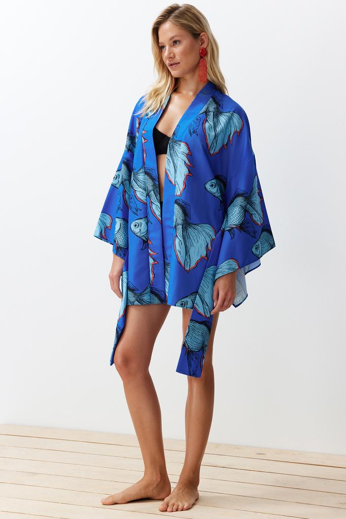 Women's Fashion New Kimono&Kaftan Floral Pattern Belted Mini Woven KimonoKaftan