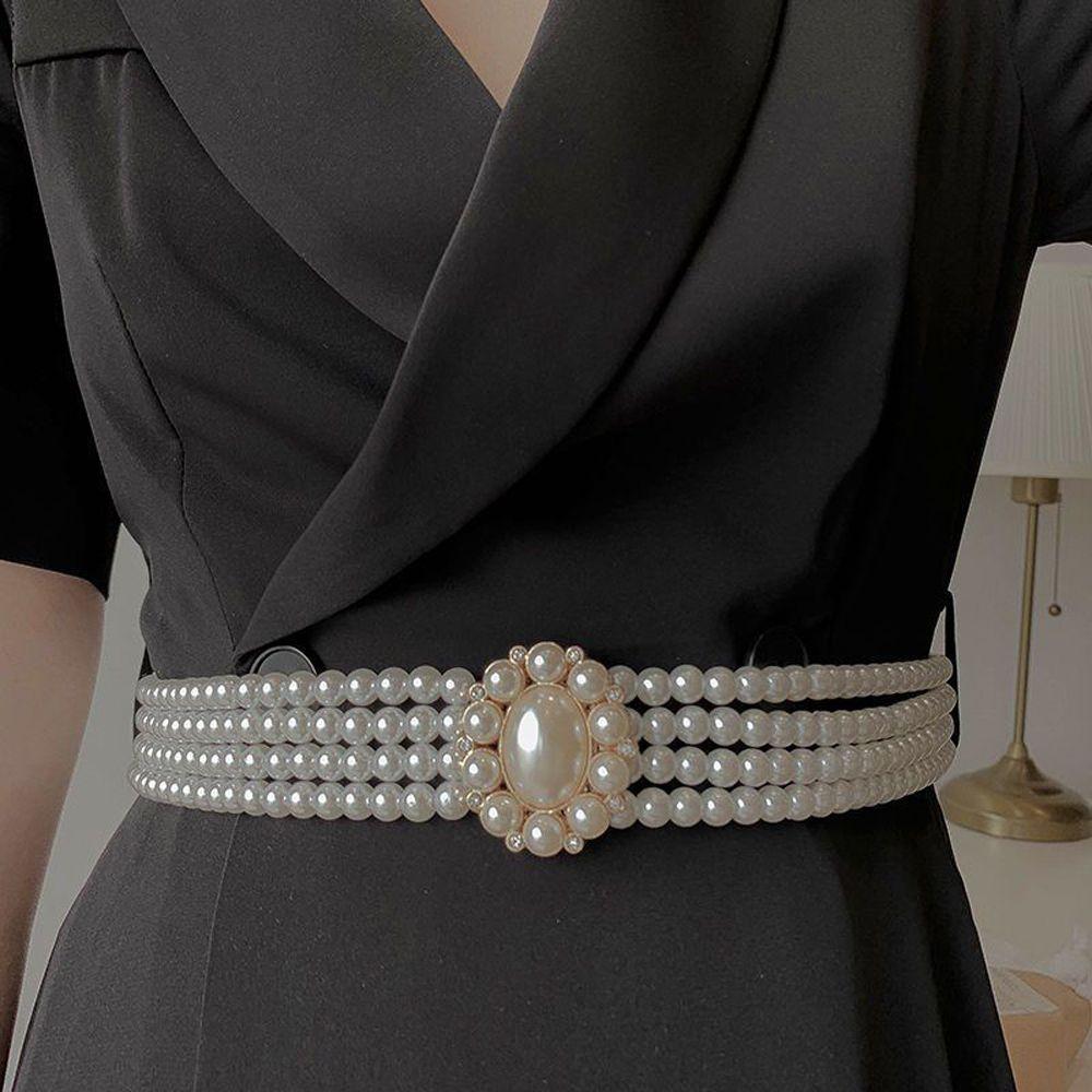 Elastic Metal Buckle Flower For Girls Dress Decoration Faux Pearl Korean Belt Women Waistband
