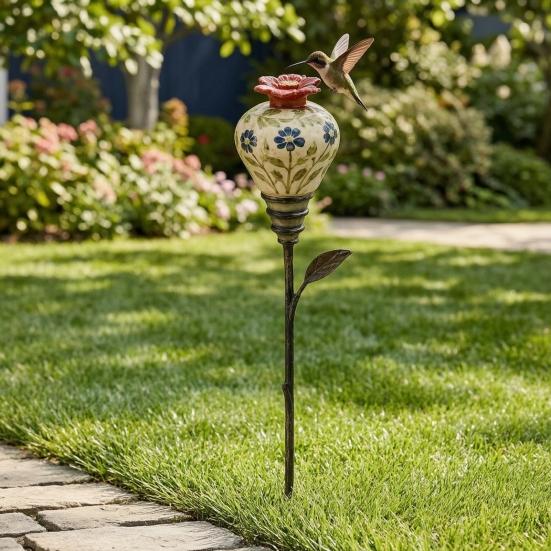 Colorful Flower Shaped Feeder Hummingbird Garden Stake, Vintage Ceramic Feeder, Feeding Port, Bed Decorative Accent Nectar for Outdoor Backyard