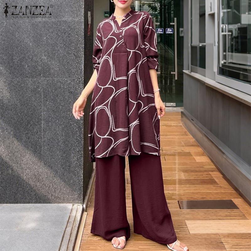 ZANZEA Women Long Sleeve Print Blouse and Pants Casual Two Piece Suit Sets