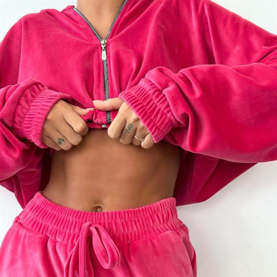 2 Pcs/Set Women Coat Pants Suit Hooded Zip-up Long Sleeve Short Top Elastic Hem And Waist Ankle-banded Pockets Trousers Winter Daily Wear Tracksuit