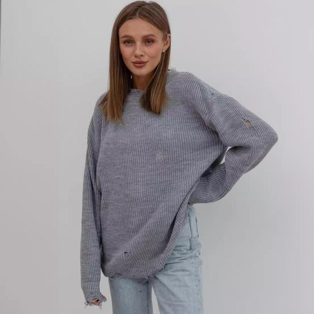 Autumn Winter Vintage Loose Long Sleeve Top Blocked Color Pullover Knitwear O-Neck Sweater