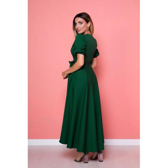 Женское расклешенное платье асимметричного кроя с поясом и двубортным воротником длины миди