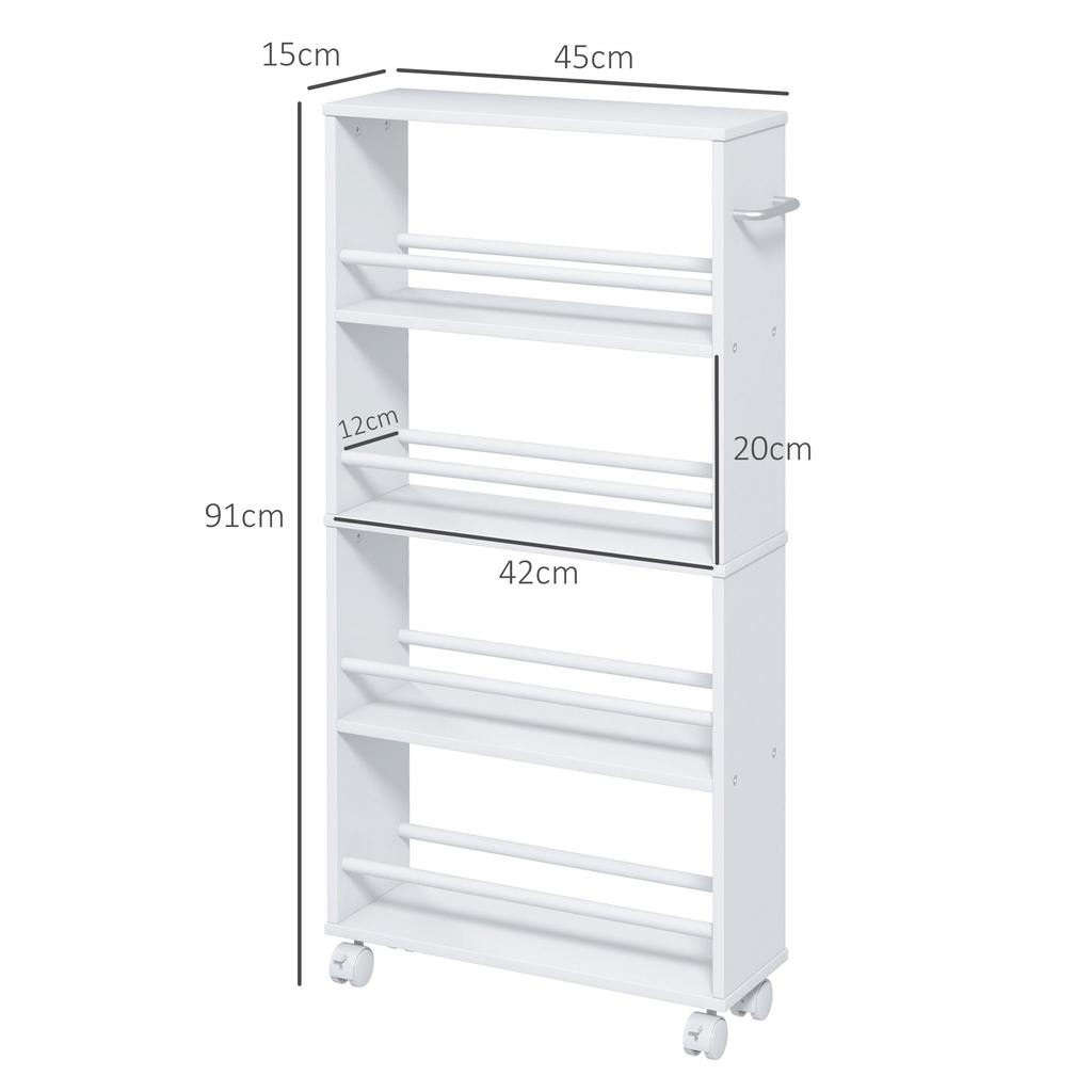 Multifunctional Shelf with Casters, Narrow Design, 4 Compartments, 45x15x91 cm, White
