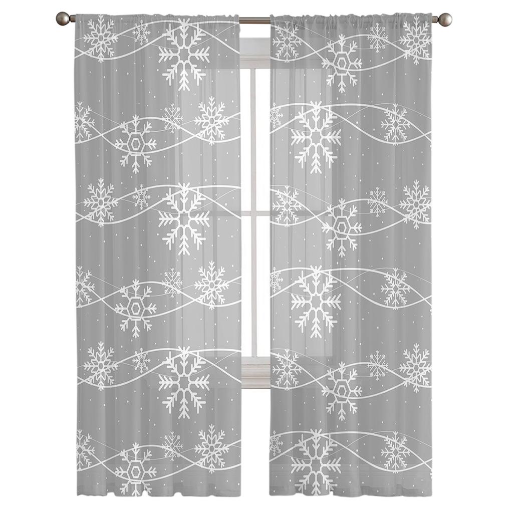 Winter Snowflakes Grey Background Sheer Curtains For Kids Bedroom Living Room Voile Curtains Xmas Kitchen Tulle Curtain