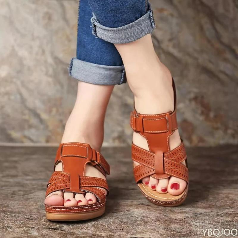 Large Size Summer Women's Shoes Casual Retro Wedge Heel Slippers Ladies Designer Durable Shoes Solid Color Leather Slippers