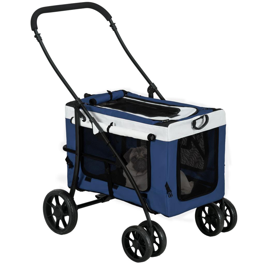 Dog Buggy Pet Buggy Dog Stroller, Foldable, Removable Basket, 81 x 58 x 97.5 cm, Black + Blue + White