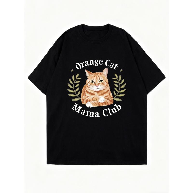Черная футболка оверсайз с принтом «Orange Cat Mama Club» для женщин, повседневная одежда, летний наряд, уличная мода