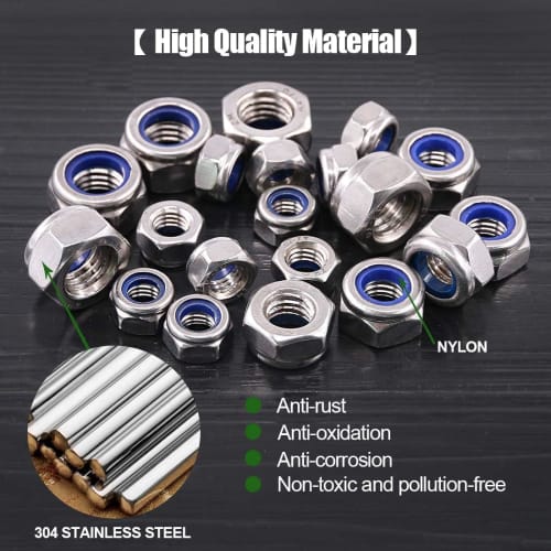 TAORAYO 50-Piece Hex Lock Nut, Nylon Lock Nut, 304 Stainless Steel, Hex Head Nut with Nylon Insert, Self-Locking, Replacement Part for Cars, Bicycles,