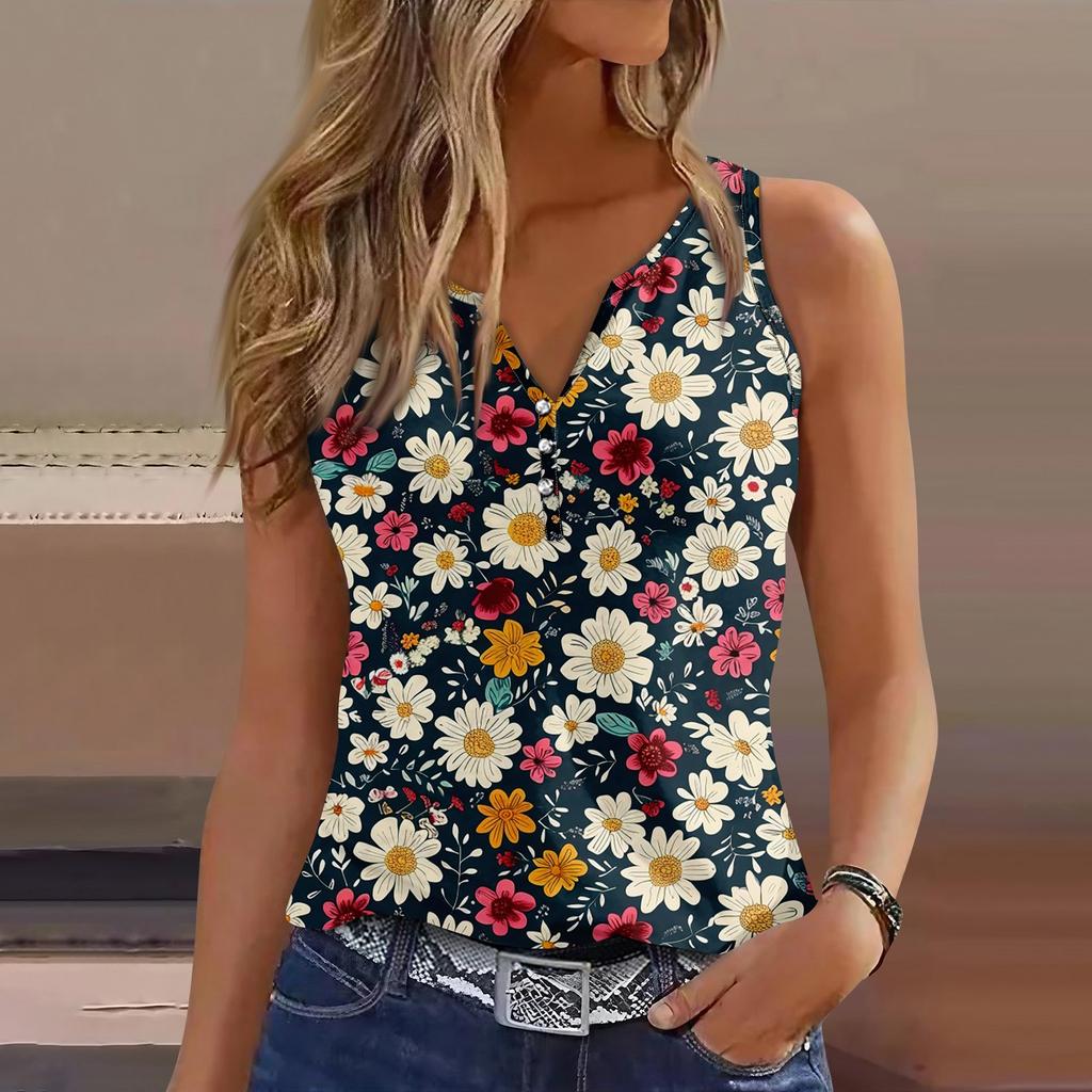 Women's Casual V Neck Printed Sleeveless Vest Tops Vest