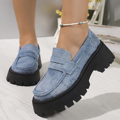 Lucyever Джинсовые лоферы на платформе для женщин 2024 года, повседневная обувь на толстой подошве с кристаллами, удобная женская обувь на плоской подошве, Zapatas Mujer