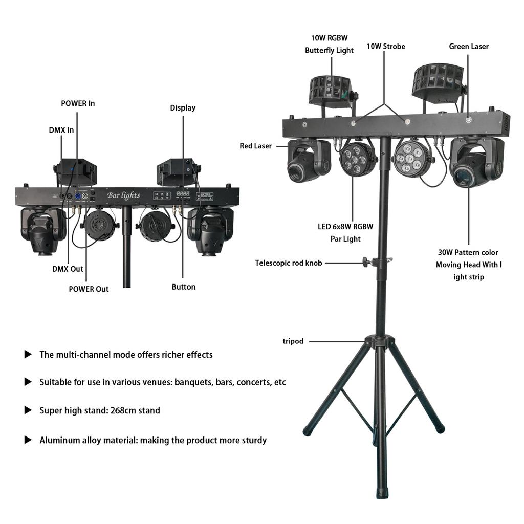 Portable Gig Bar 2x30W RGBW butterfly Strobe Par Moving Head Removable bar Light Disco Dj Party Stage Light With T bar Stand