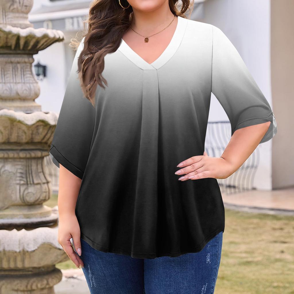 Women's Fashion Large Size Printed V-Neck Three-quarter Sleeve Top