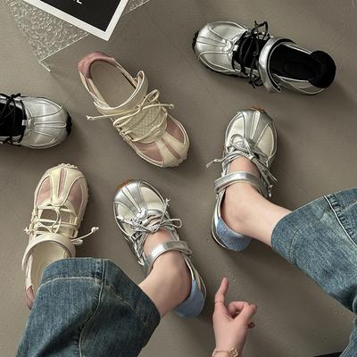 Модное сочетание цветов, балетный стиль, увеличение внутренней высоты, застежка-липучка, немецкие тренировочные туфли, летние легкие спортивные сандалии с открытым носком, женские балетки