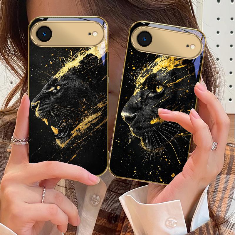 Черная Пантера рычит Для IPhone 17Pro Max 16 17 Pro oMax 15 Pro 14 13 Plus 12Mini 11 Pro Max XR 16E Air Золотой стеклянный чехол для телефона