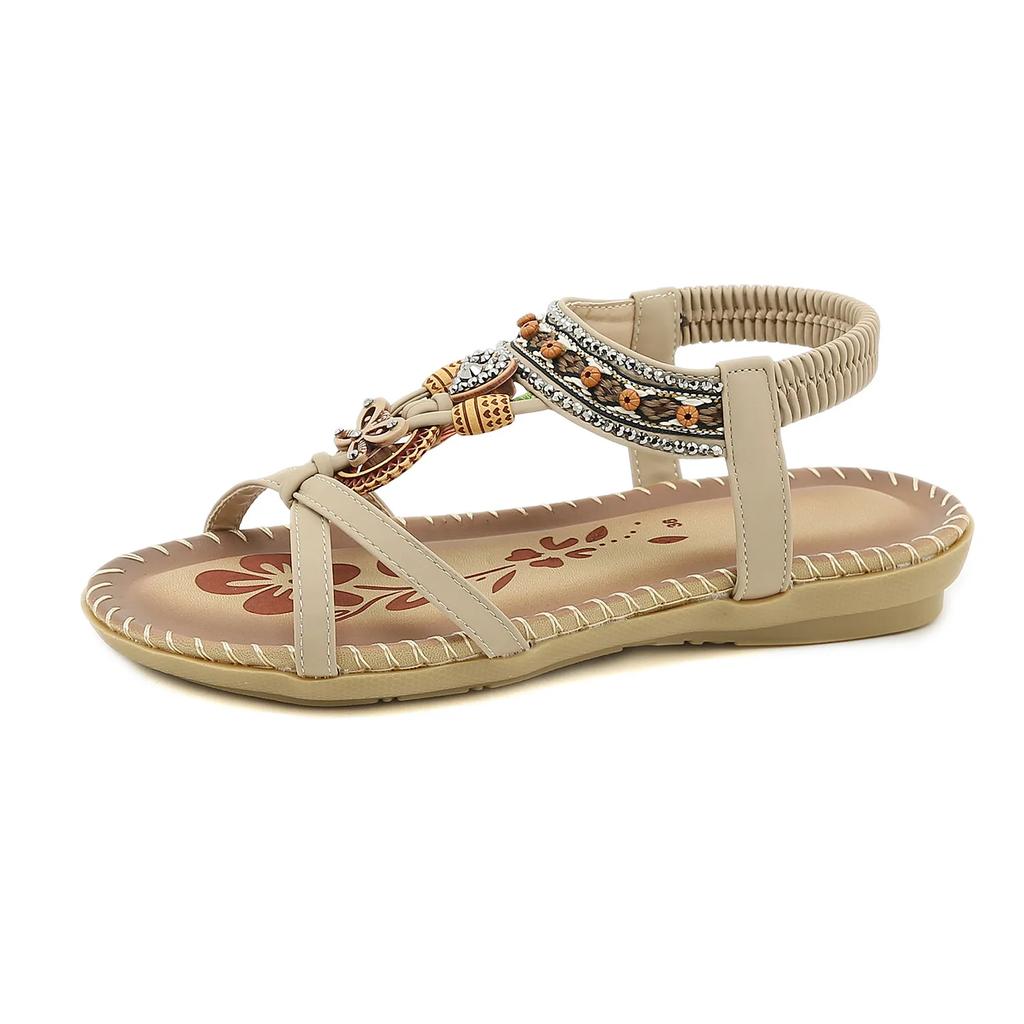 Beaded Bohemian Sandals Women Summer 2025 Slip On Comfortable Low Wedge Heels Rome Shoes Woman Non Slip Beach Sandalias Mujer 43