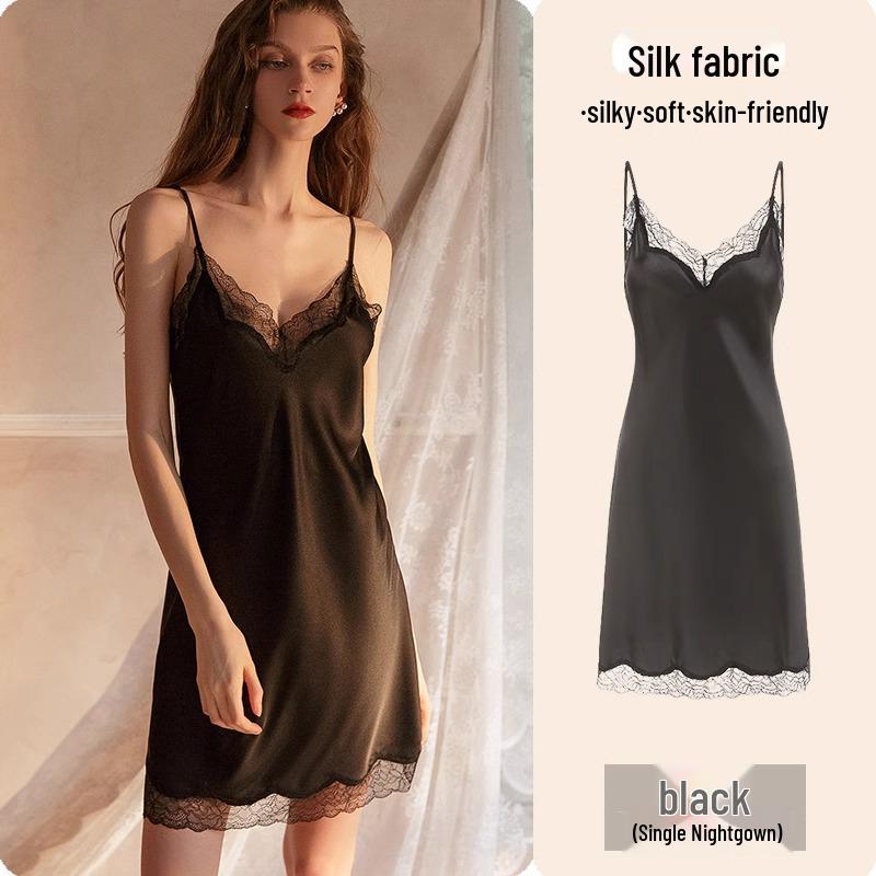 Высококачественная летняя ночная сорочка из кружева и ледяного шелка для женщин - стиль Pure Desire с нагрудными вкладышами, доступна в больших размерах