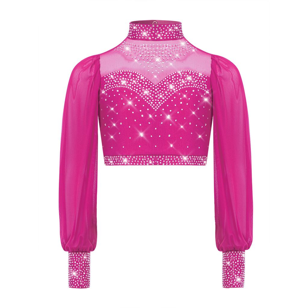 Девочки Сетчатый Танцевальный Топ с Длинным Рукавом, Воротником-стойкой, Вырезом на Спине и Стразами, Укороченный для Лирического Балета