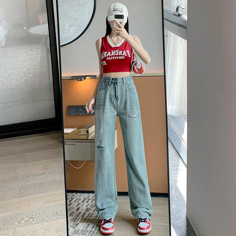 Ripped Jeans for Women In Spring Narrow Wide-leg Pants for Women In Spring Slimness and Drooping Floor Pants