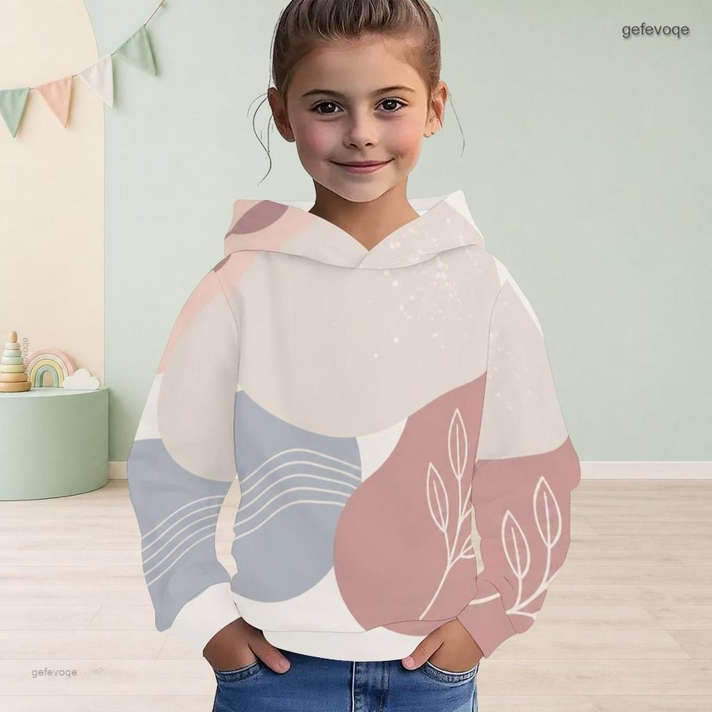 Girls Long Sleeve Hooded Pullover Abstract Leaf Printed Casual Sweatshirt