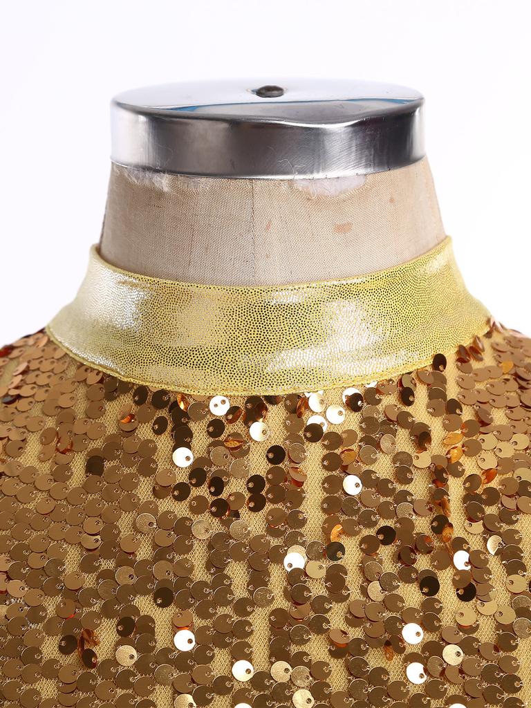 Женское лирическое литургическое танцевальное платье: Блестящие пайетки, Без рукавов, Сетчатый боди с градиентом, Элегантный асимметричный подол