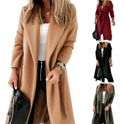 Зимнее шерстяное женское пальто с поясом на шнуровке, свободное однотонное пальто с отложным воротником, кардиган с длинными рукавами, средней длины, куртка для свиданий и поездок на работу