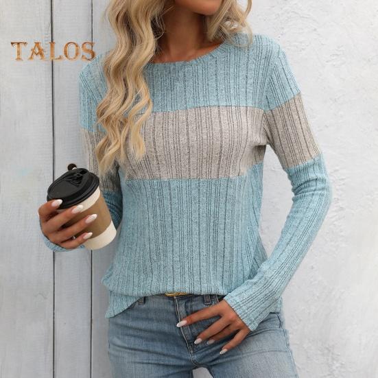 Женские топы с круглым вырезом и длинным рукавом, цветные ребристые трикотажные топы свободного кроя, повседневные свитера, повседневная одежда