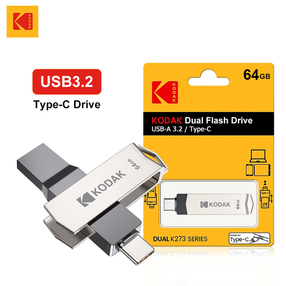 Kodak K273 Double Nip Metal USB Flash Drive USB3.2 Type-c32GB 64GB 128GB 256GB High Speed Pen Drive OTG Dual Type-A and Type-C for iPhone with Android