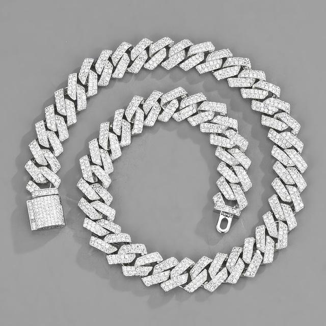 Hip Hop Iced Out Chain Paved Rhinestones Necklace 15MM Silver Color Full Miami Curb Cuban Chain Rapper Necklaces For Men Jewelry