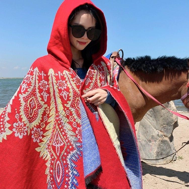 Женская накидка и шаль для защиты от солнца, осенне-зимняя шляпа с капюшоном в западном стиле