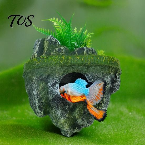Aquarium Rock Cave Floating Decoration, Realistic Moss Ornament with Goldfish Tank Landscaping Cave, Fish Hideout Shelter for Betta Guppy Shrimp