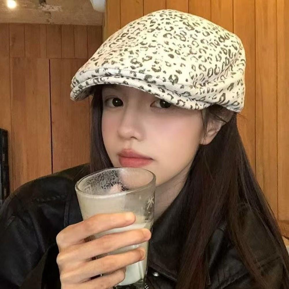 Rhinestone Leopard Print Beret Flat Painter Cap Fashion Leopard Newsboy Cap  Outdoor