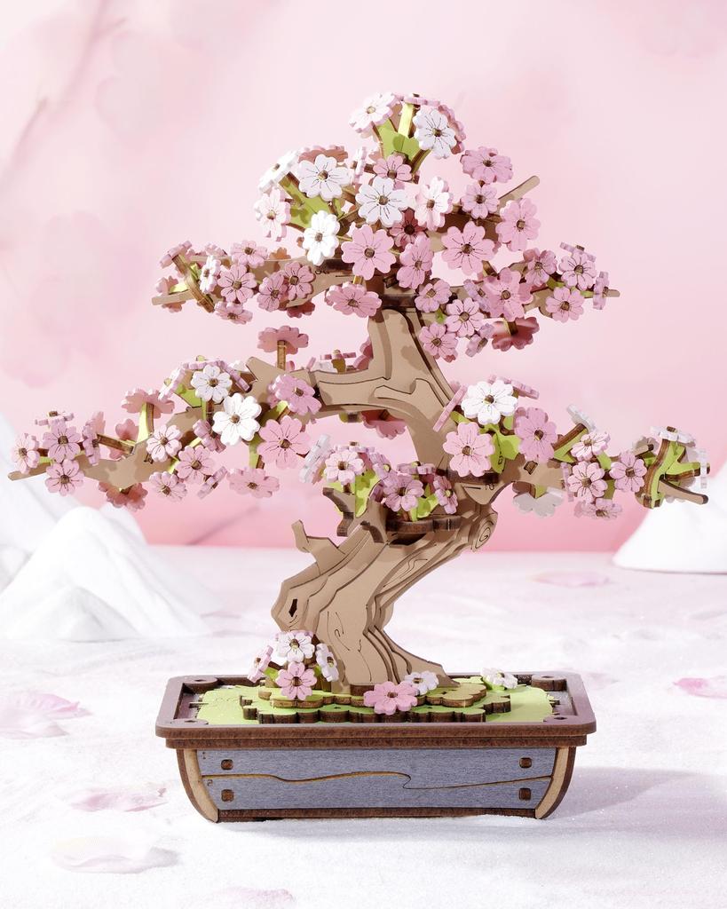 ROBOTIME 3D Wooden Puzzle, Cherry Blossom Bonsai and Evergreen Pine Bonsai, Assembly Kit, DIY Craft, Plant Collection, Architectural Model,