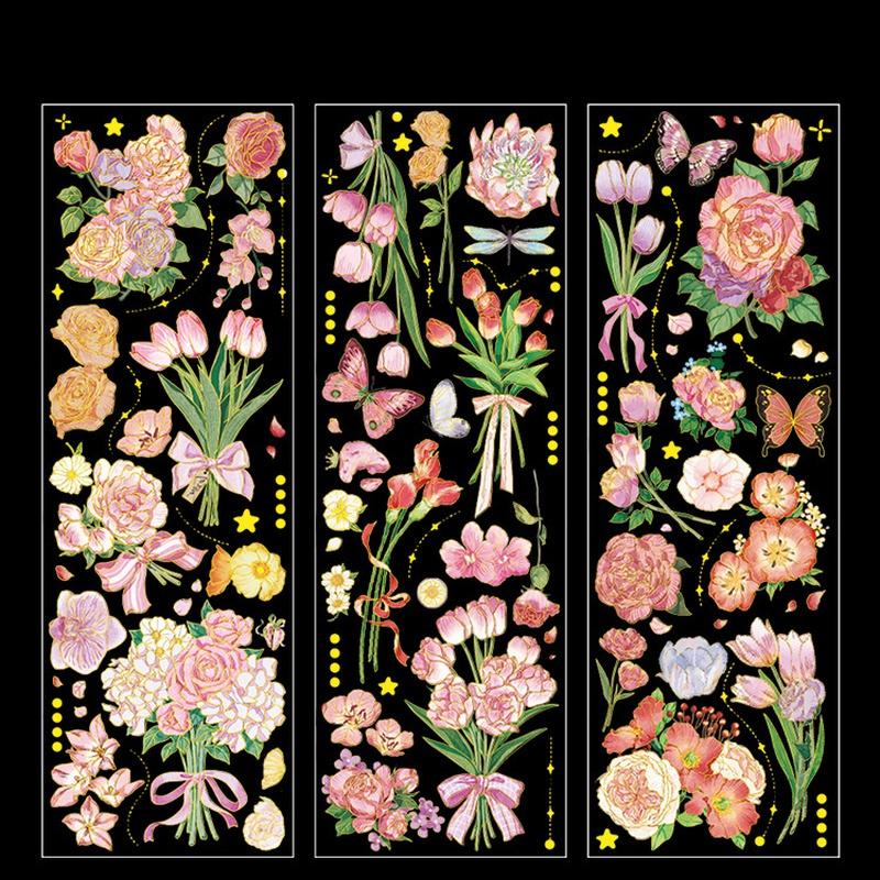 3Pcs/Set 3D Hot Stamping Stickers Four Seasons Flowers Decorative Pvc Stickers Scrapbooking Stick Label Diary Album Stationery