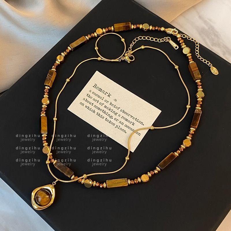 Винтажное натуральное ожерелье из бусин из тигрового глаза, новинка осени и зимы 2024 года, многослойная высококлассная цепочка-свитер, цепочка для ключицы, шейная цепочка