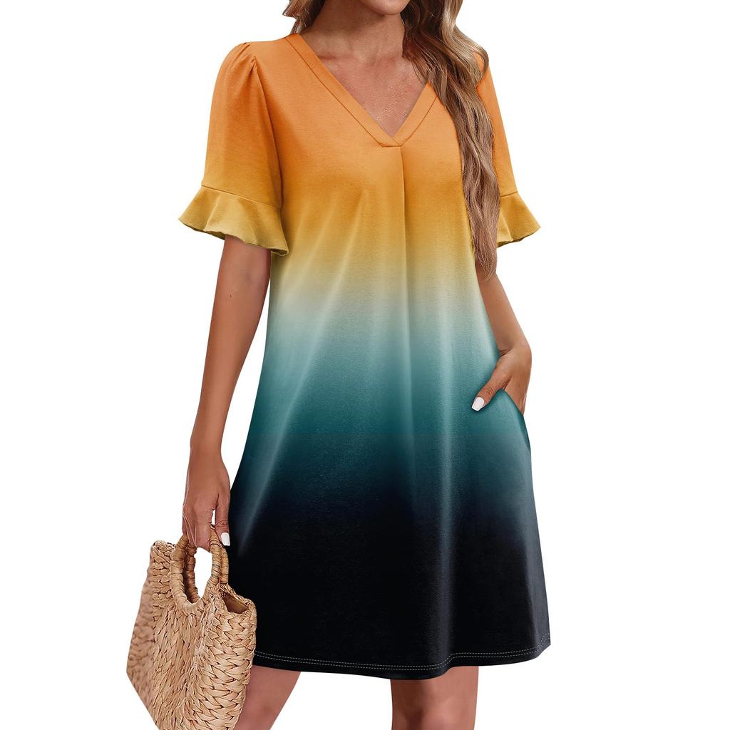Летние платья для женщин с V-образным вырезом, оборками и коротким рукавом, повседневное свободное платье с принтом, пляжное платье с карманами